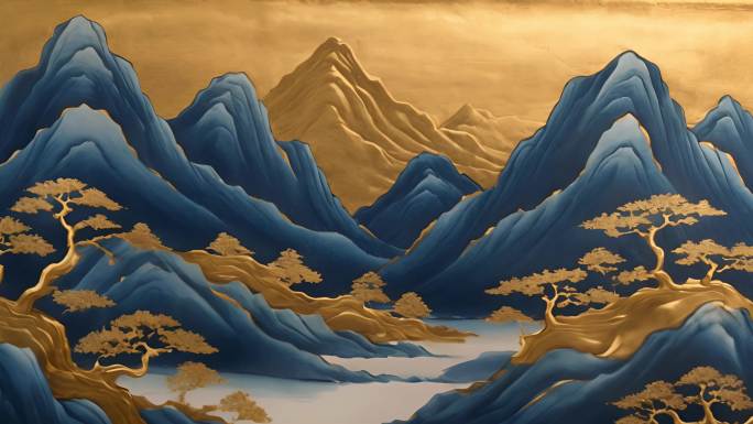 中国山水画鎏金蓝金色