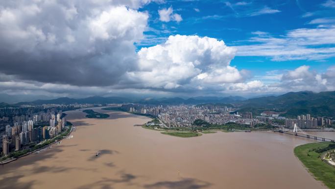 浙江温州瓯江两岸蓝天白云航拍延时4K