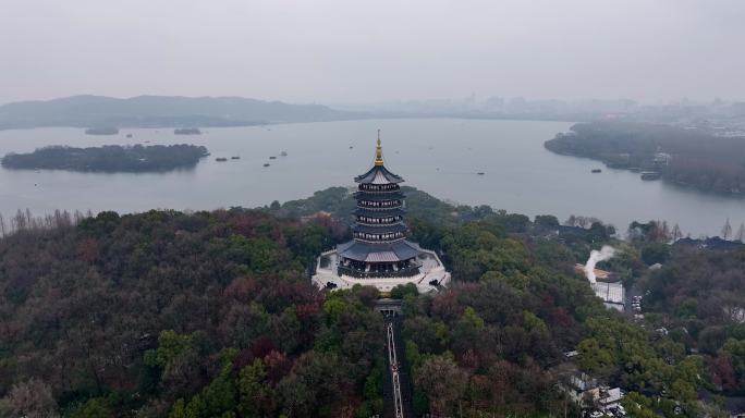 中国杭州西湖雷峰塔烟雨江南航拍