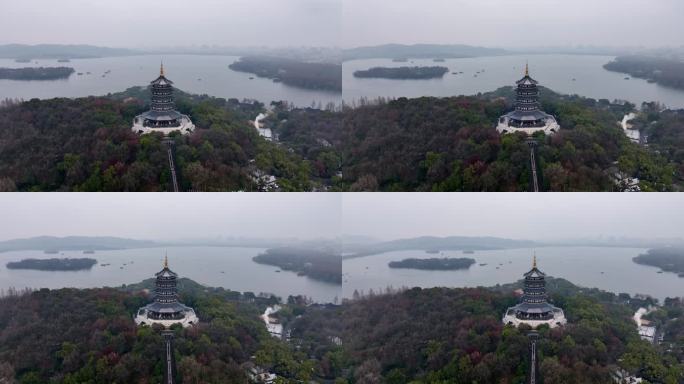 中国杭州西湖雷峰塔烟雨江南航拍