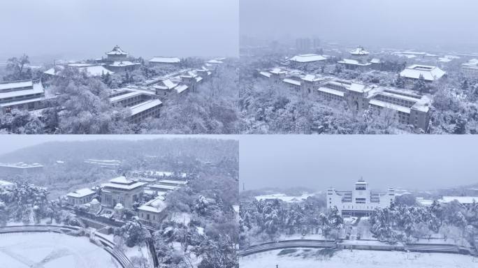 航拍武汉武大武汉大学雪景大雪古建筑人文