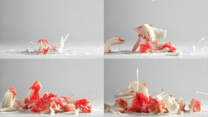 蟹肉掉在桌子上。用高速摄像机拍摄，每秒1000帧。