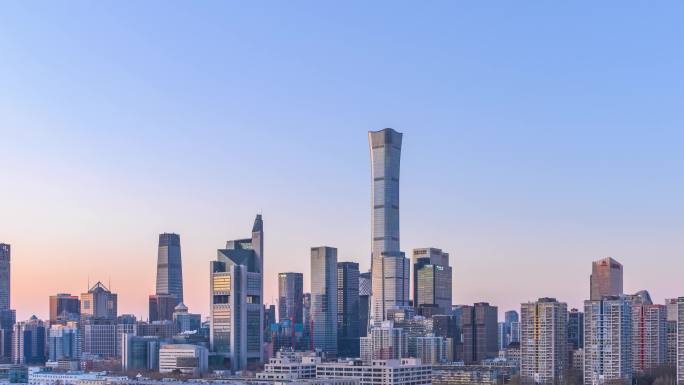 北京冬季国贸城市天际线夜景日转夜延时