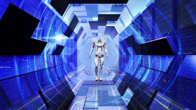 在未来的服务器机房里缓慢行走的高科技机器人。