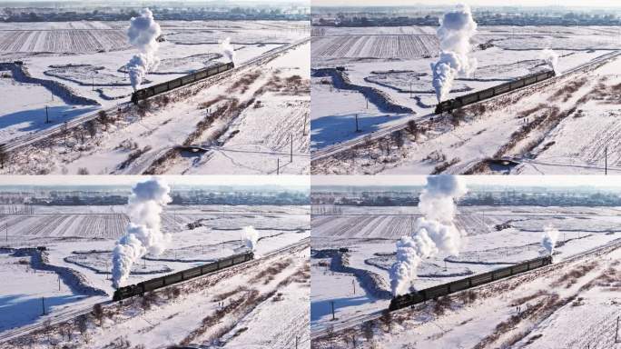 航拍中国东北冬季雪景中的蒸汽机车老火车