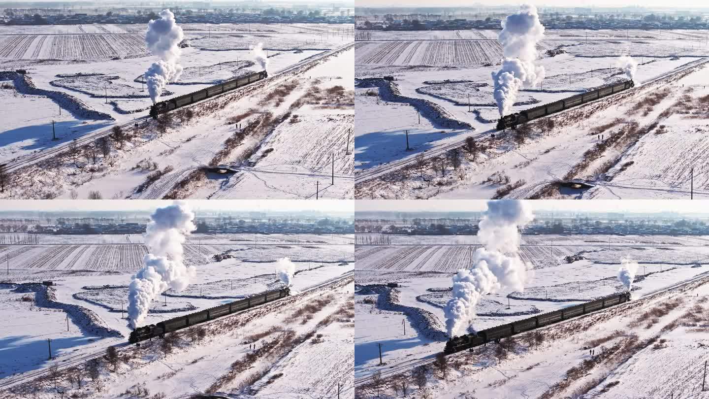 航拍中国东北冬季雪景中的蒸汽机车老火车