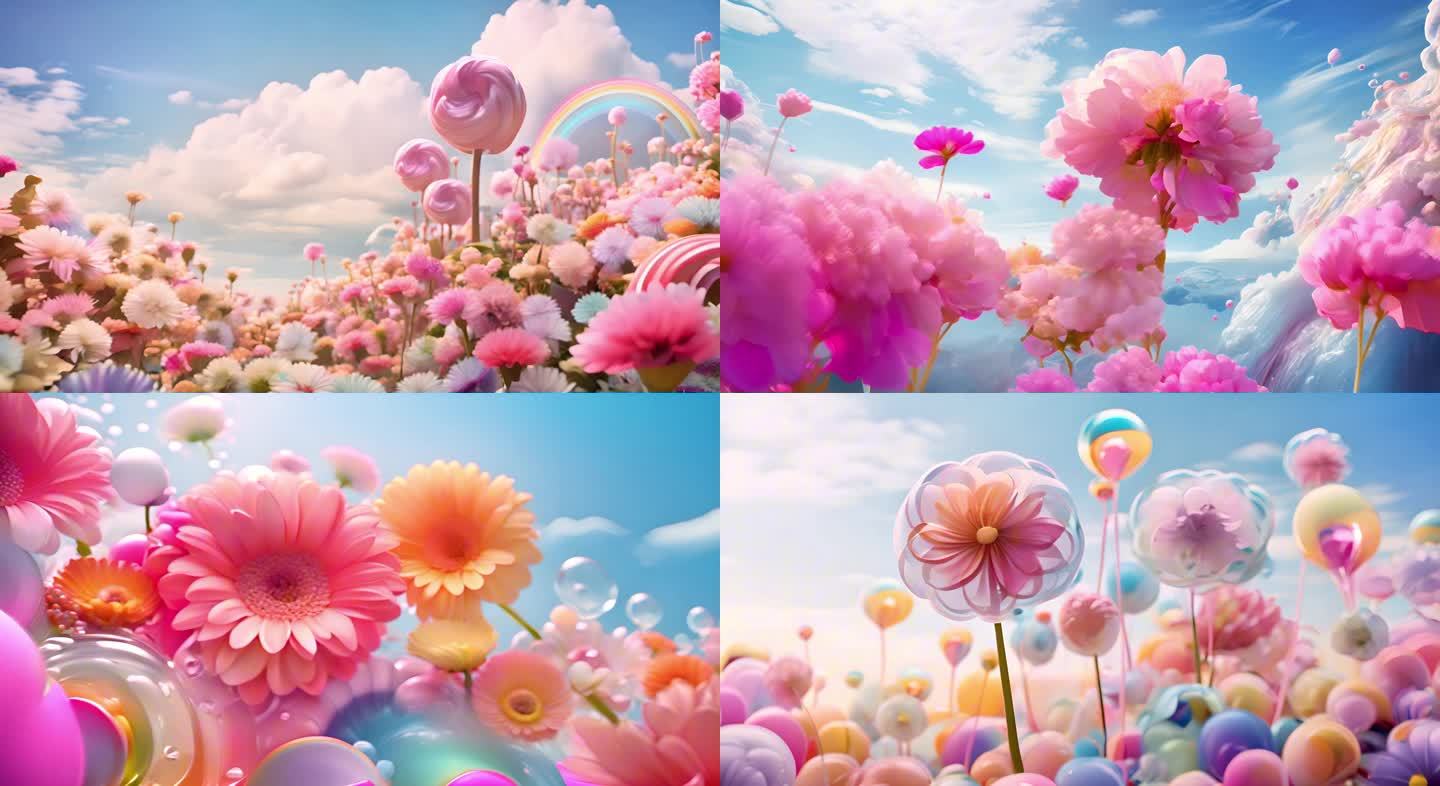 卡通糖果色绚丽梦幻花朵世界舞台大屏