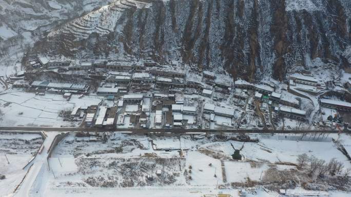 陕北黄土高原窑洞雪景航拍