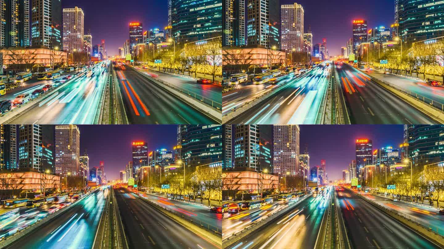 北京节日CBD国贸桥夜景车流延时