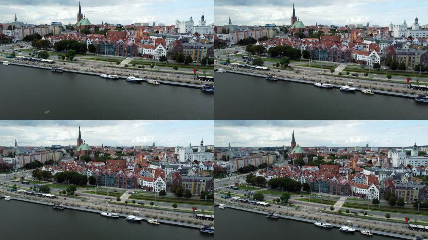 波兰什切青奥得河周围的航拍画面