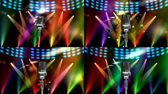音乐会大厅的舞台，演出前由聚光灯照亮。麦克风