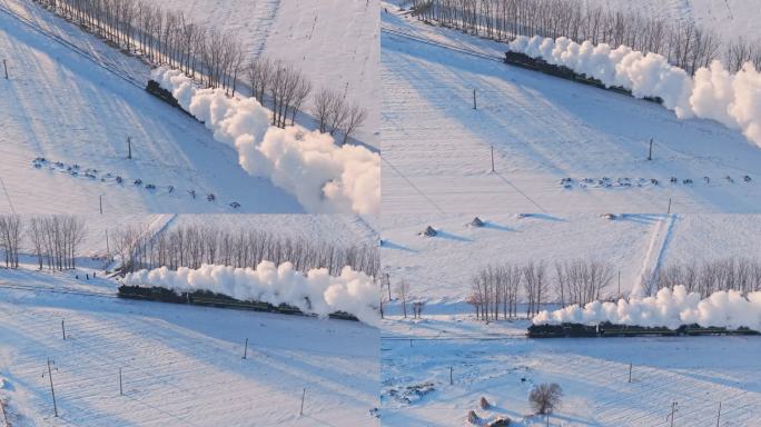 航拍中国东北冬季雪景中的蒸汽机车老火车