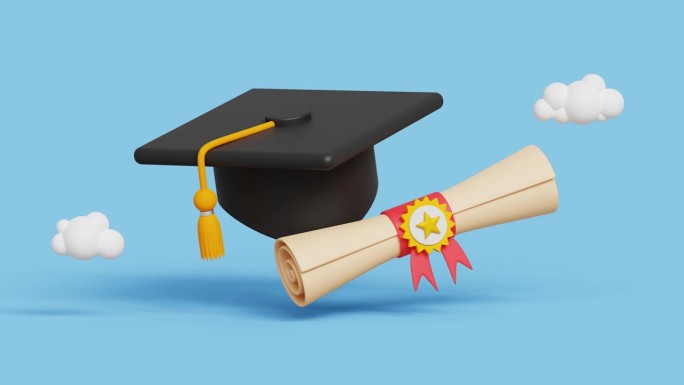 3D投资教育理念。毕业典礼礼帽及学位或文凭证书。目标，成就，事业毕业。带流苏和毕业证的毕业帽。4k 