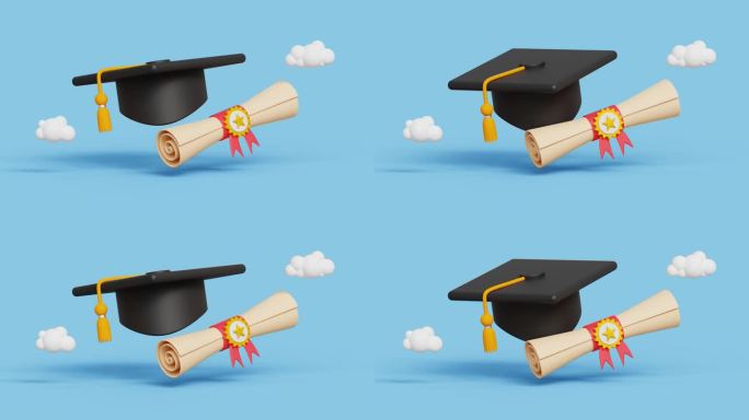 3D投资教育理念。毕业典礼礼帽及学位或文凭证书。目标，成就，事业毕业。带流苏和毕业证的毕业帽。4k 