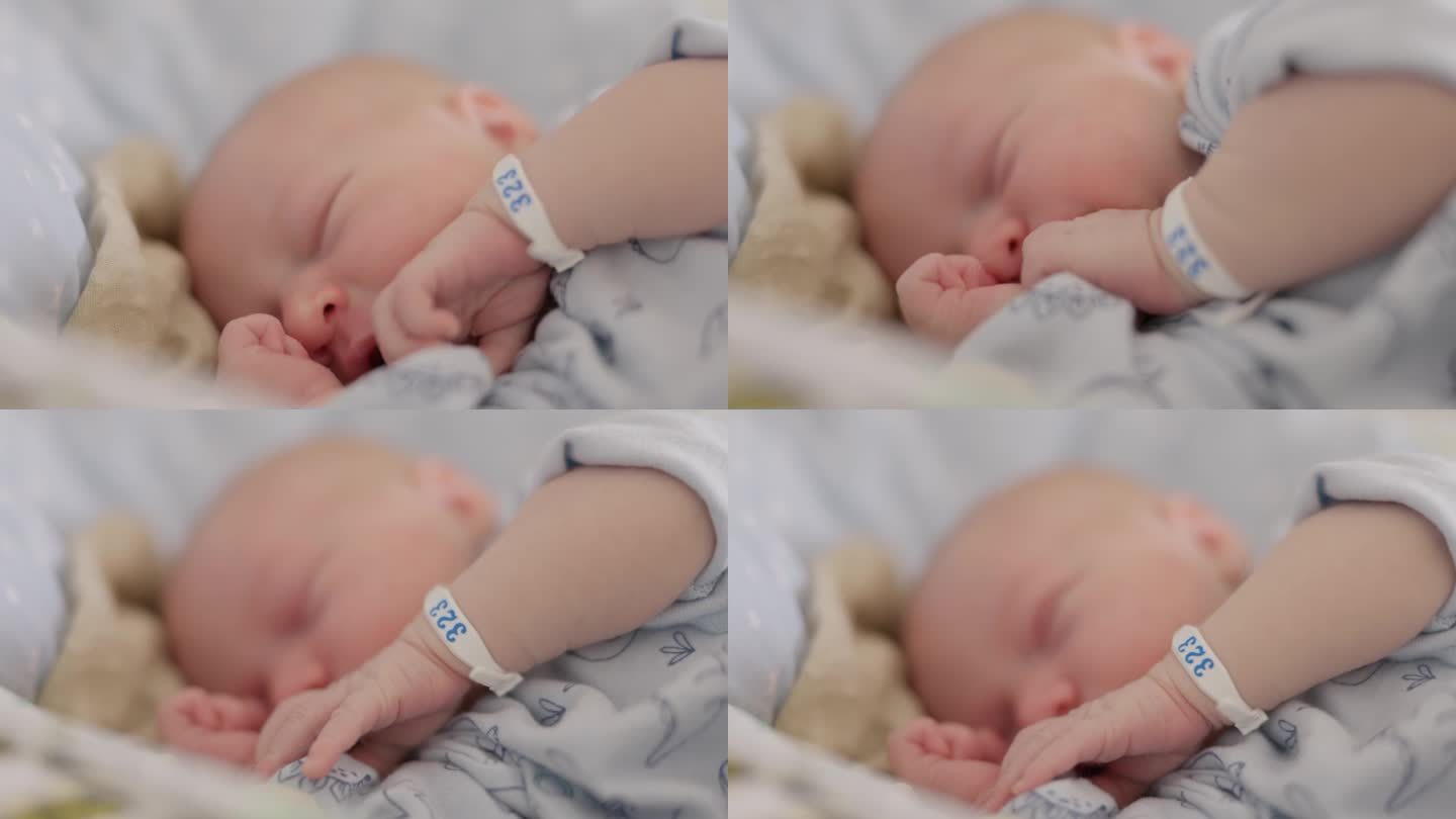 新生儿睡在产科病房的婴儿床上的特写镜头，重点是医院识别手环。一个5天大的婴儿