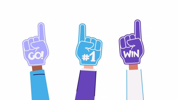 泡沫手动画。风扇泡沫手指指向上面。手套上有激励和欢呼的短语Go, Win, no . 1。体育场支持