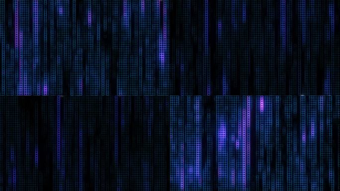 抽象循环数字技术辉光粉蓝数字方桌线圆扭曲马赛克瓷砖图案动画背景。小闪烁闪烁方形与闪烁电线。