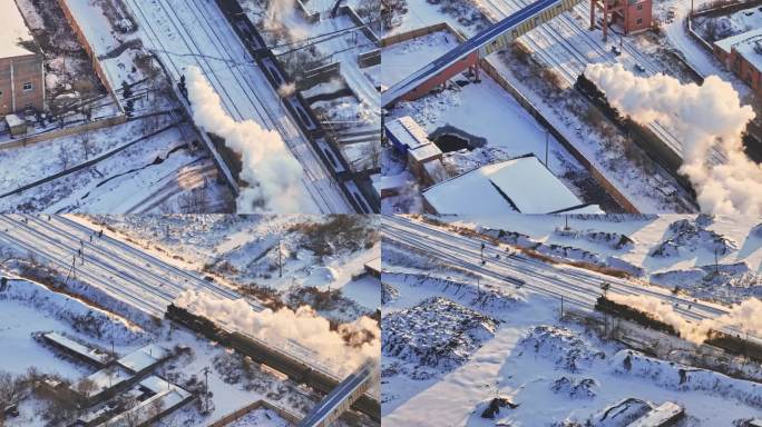 航拍中国东北冬季雪景中的蒸汽火车穿过村庄