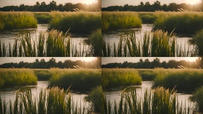 河边芦苇草丛河流植物小溪边芦苇小草植物