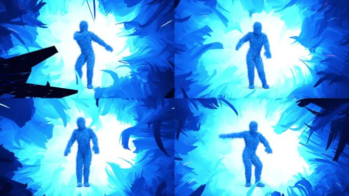 跳舞的蓝色毛茸茸的3D人物在动画花卉背景。完美的循环。