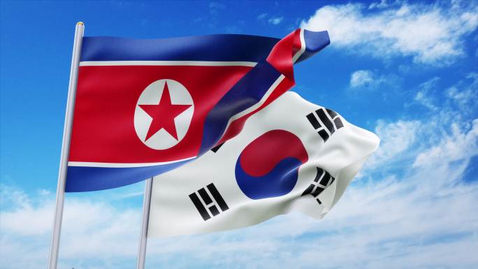 朝鲜与韩国国旗飘动