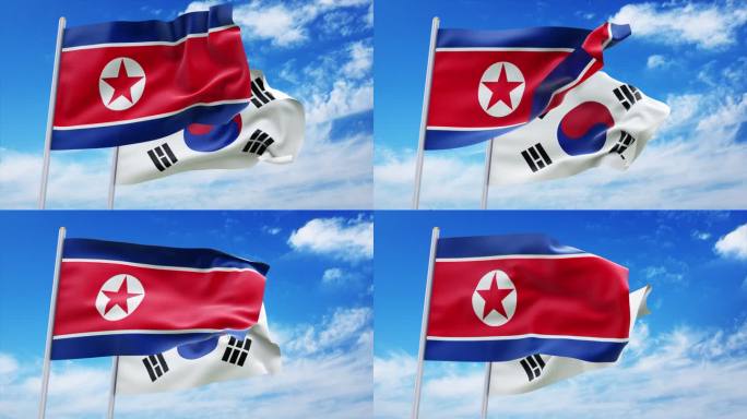 朝鲜与韩国国旗飘动