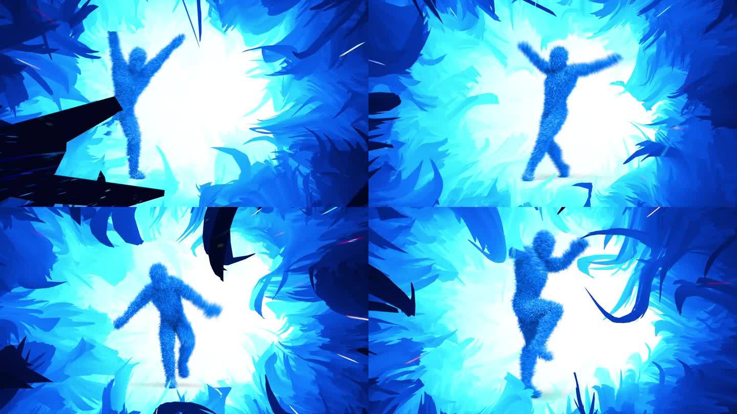 跳舞的蓝色毛茸茸的3D人物在一个丛林般的背景动画。完美的循环。