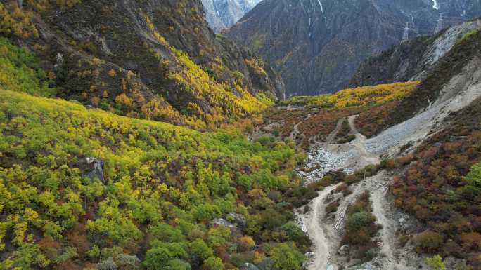 达古峡谷的山涧溪流和秋色盛景