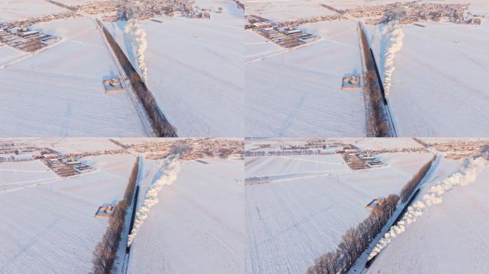 航拍中国东北冬季雪景中的蒸汽机车老火车