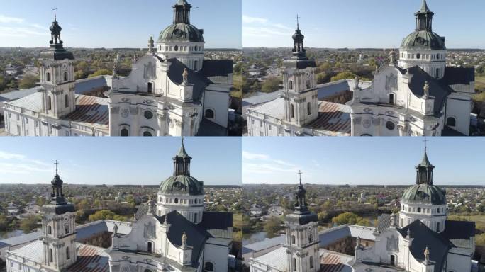 无人机在乌克兰日托米尔州的历史名城别尔迪切夫的裸加尔默罗修道院的镜头。乌克兰各地的旅游目的地