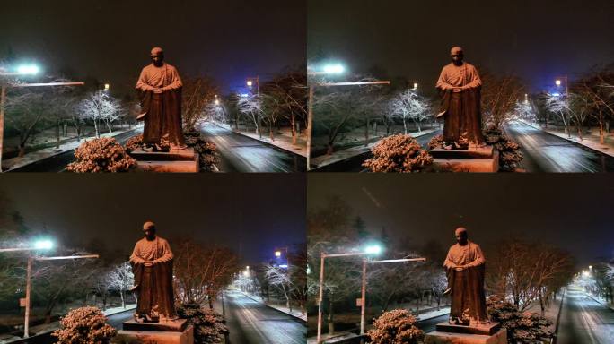航拍鉴真路扬州雪景夜景鉴真像飘雪