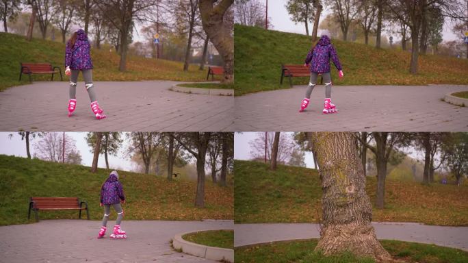 戴着护膝和护肘的小女孩在城市公园户外学习溜冰。喜欢运动的孩子