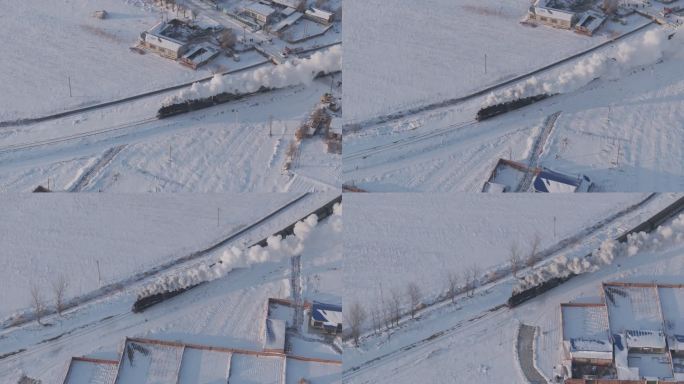 航拍中国东北冬季雪景中的蒸汽火车穿过村庄