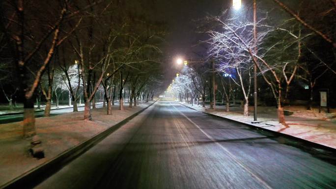 航拍鉴真路扬州雪景夜景鉴真像飘雪