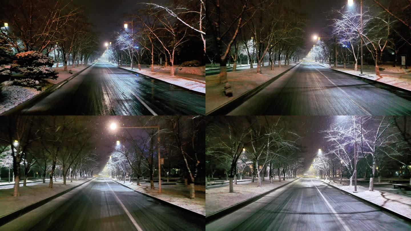 航拍鉴真路扬州雪景夜景鉴真像飘雪