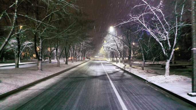 航拍鉴真路扬州雪景夜景鉴真像飘雪