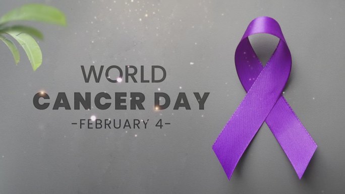 手握紫色缎带。世界癌症日，薰衣草紫色丝带支持癌症患者。4 k动画。