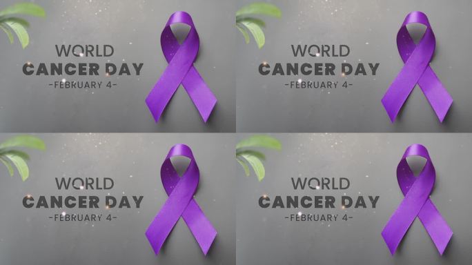 手握紫色缎带。世界癌症日，薰衣草紫色丝带支持癌症患者。4 k动画。