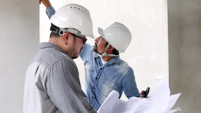 两个工程工人男爬梯子，讨论，解决问题施工检查现场比较图纸文书，印度中年工头站在一起建筑员工