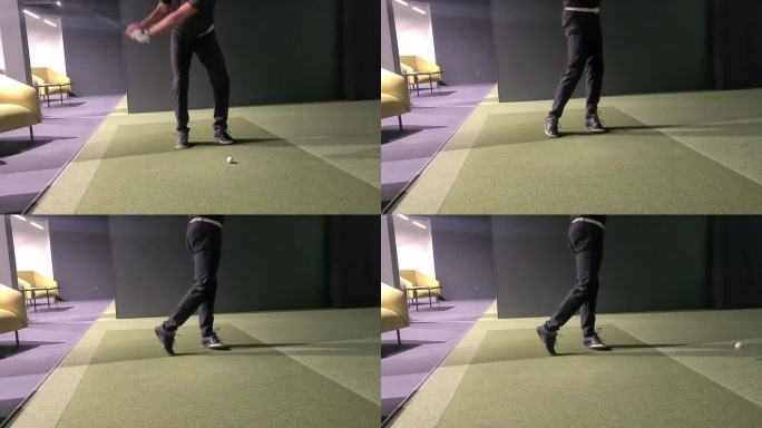 职业男子高尔夫球手在高尔夫模拟器室内打高尔夫球特写