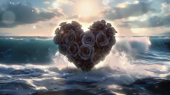 4K黑色玫瑰海边海浪抽象失恋三维动画