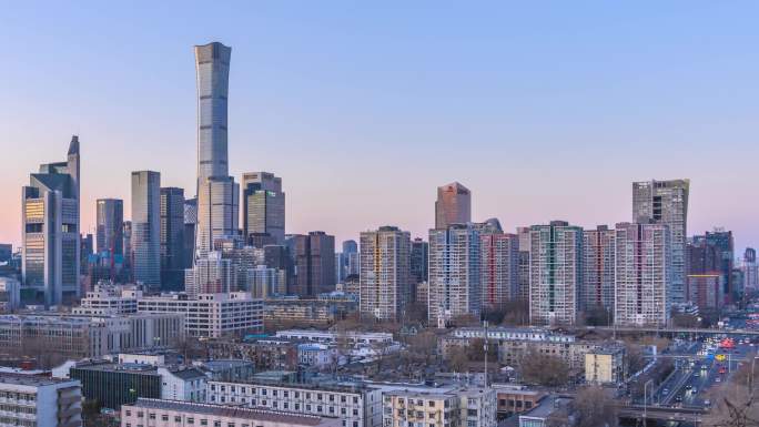 北京冬季国贸城市天际线夜景日转夜延时