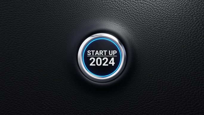 启动2024按钮。启动2024现代汽车按钮与蓝色发光。规划，开始，职业道路，商业战略，机会和变化的概