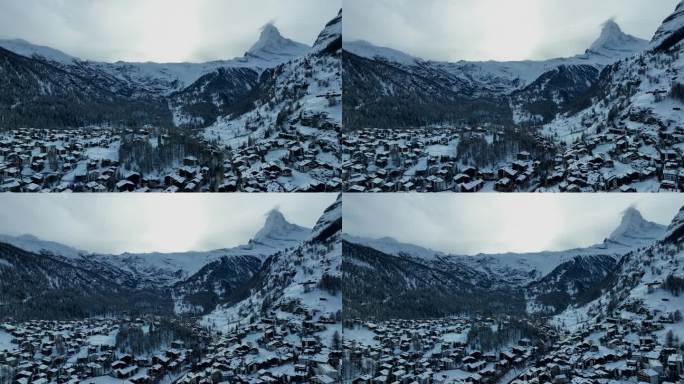 小镇和滑雪胜地采尔马特，瑞士，空中无人机视频与马特洪峰和阿尔卑斯山脉为背景。