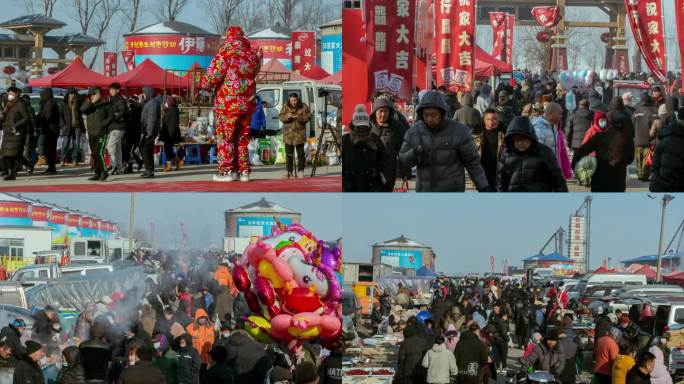 集市早市大集冬季新年祝家大集东北大花棉袄