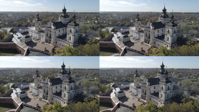 乌克兰日托米尔州历史名城别尔季切夫的裸加尔默罗修道院的无人机飞越镜头。