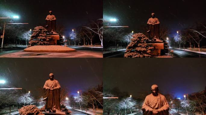 航拍鉴真路扬州雪景夜景鉴真像飘雪