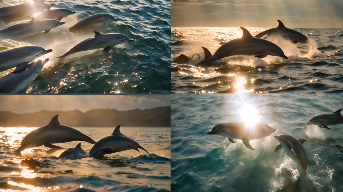 4组海豚跃出水面的特写视频