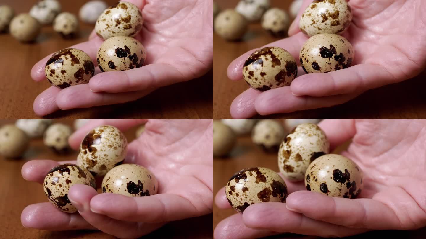 一个女人手里拿着三个鹌鹑蛋，背景是一张摆满鹌鹑蛋的桌子