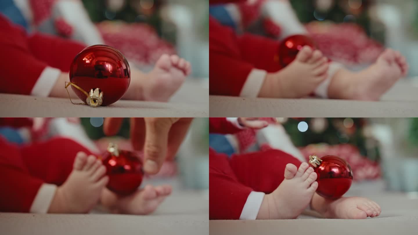 圣诞期间，父亲将闪亮的红色小玩意放在男婴的光脚上